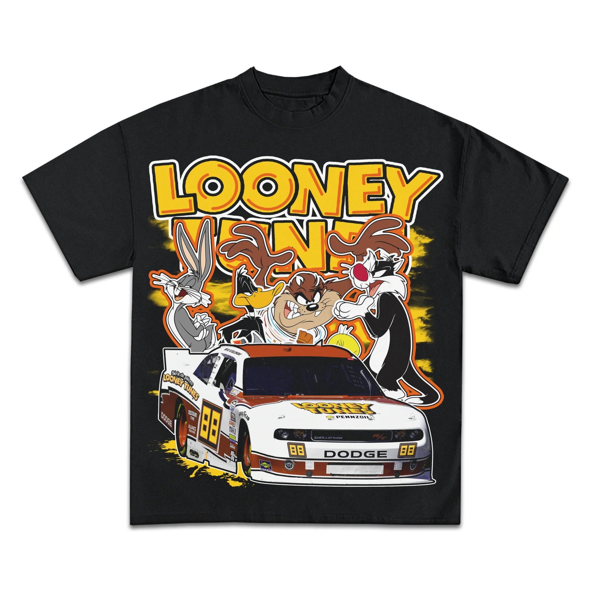 Classic Looney Tunes Racing Graphic Tee, Heavyweight Cotton, Unisex Black T-Shirt