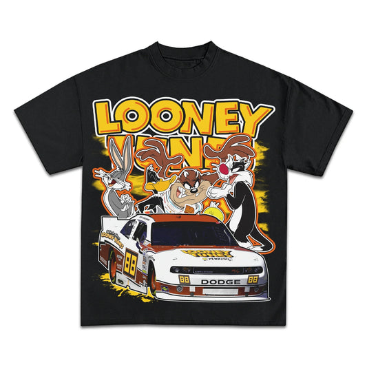 Classic Looney Tunes Racing Graphic Tee, Heavyweight Cotton, Unisex Black T-Shirt